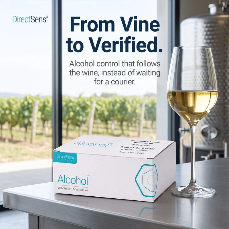 Biosensor kit and a glass of white wine on a steel counter, vineyard through the window