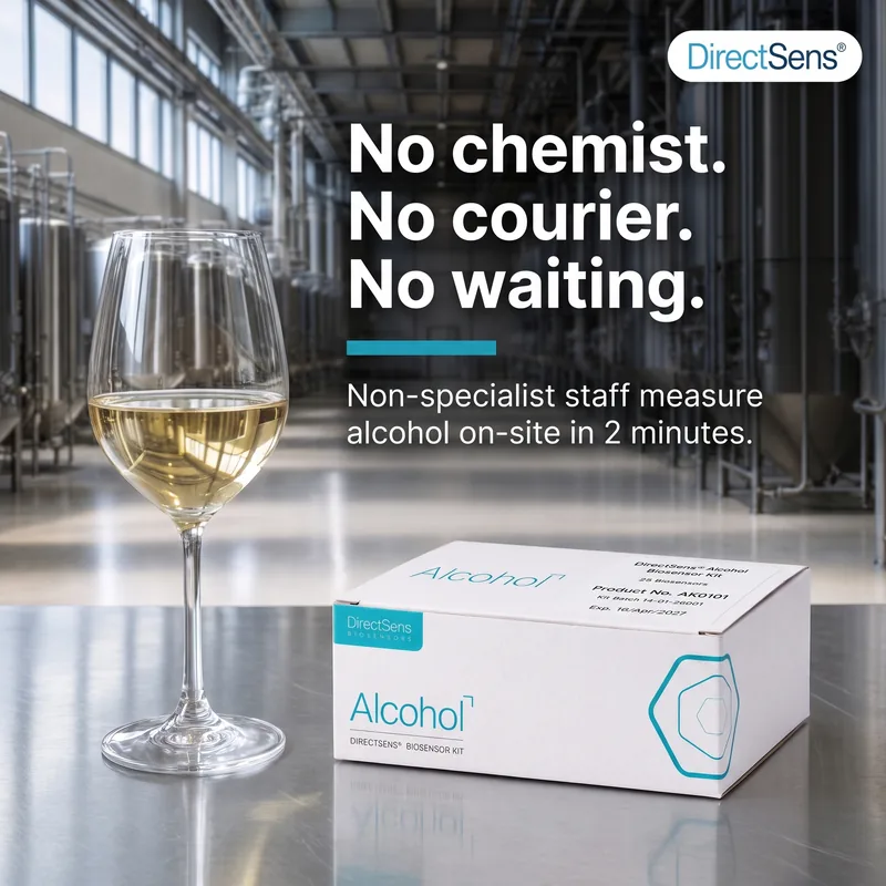 Product and a glass of white wine on a steel counter in a bright facility